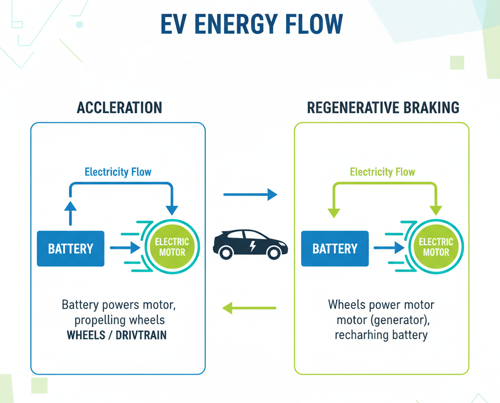 An infographic showing energy flow in an electric vehicle: from the electrical grid through the charging port, to the battery, through the motor controller, to the electric motor, and finally to the wheels. Use arrows and simple icons.