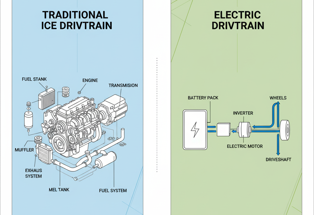 A side-by-side comparison of an electric vehicle and a gas vehicle with transparent views showing their drivetrains. The EV shows simple battery and motor, while the gas car shows complex engine and transmission.