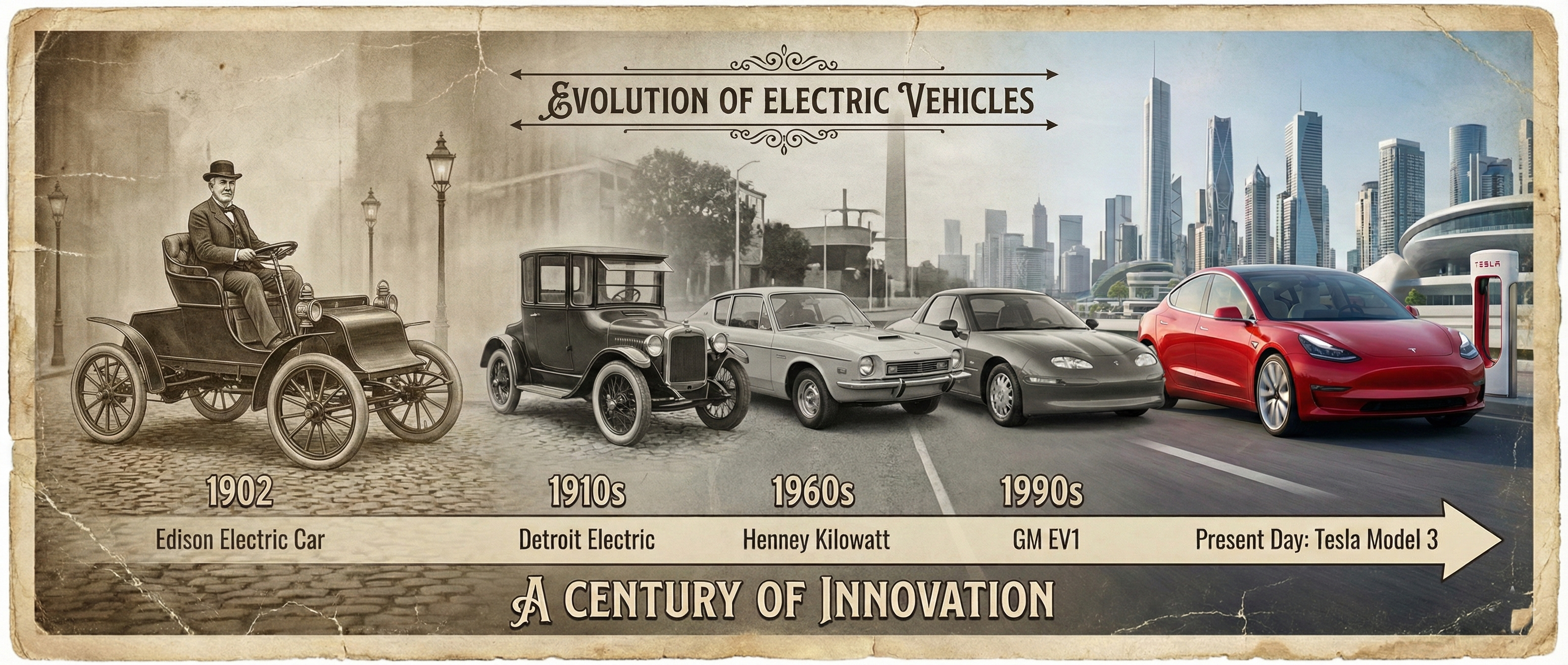 A timeline showing the evolution of electric vehicles from vintage electric cars of the 1900s to modern EVs, illustrated with 4-5 vehicles showing the progression through history