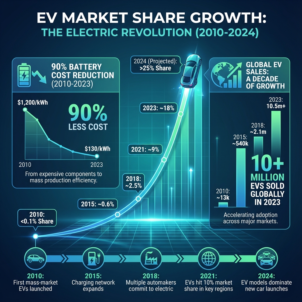 A graph showing global EV sales growth from 2010 to present, with exponential upward trend