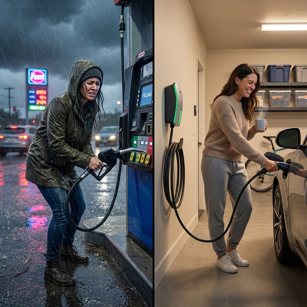 A split-screen image showing the same person: on the left, stressed at a gas station in bad weather pumping gas; on the right, relaxed at home plugging in their EV in their garage with a smile. The contrast should highlight the convenience difference. Modern, relatable photography style.