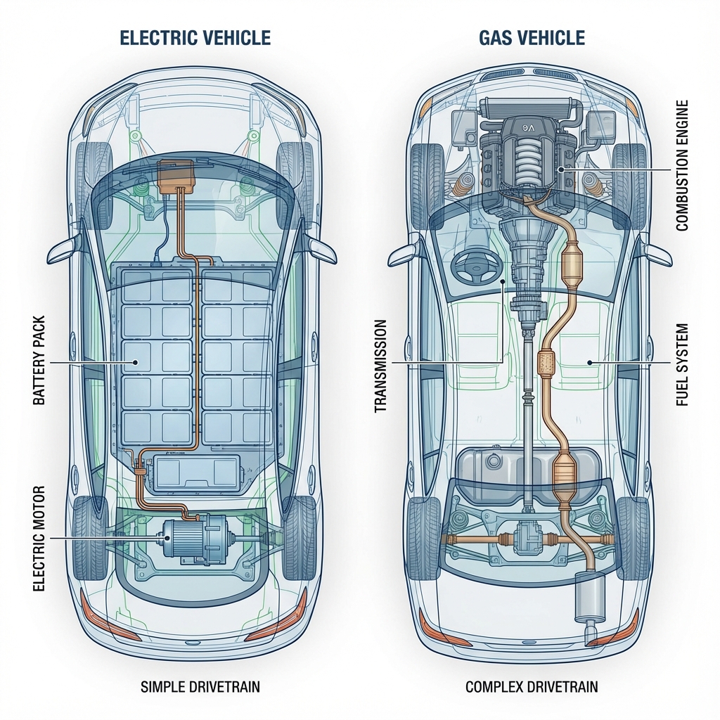 Usporedba jedan do drugog koja prikazuje električno vozilo s lijeve strane i vozilo na benzin s desne strane, s prozirnim presjecima koji otkrivaju njihove unutarnje komponente. EV prikazuje jednostavnu bateriju i motor, dok automobil na benzin prikazuje složen motor, mjenjač i ispuh. Čist, tehnički stil ilustracije.