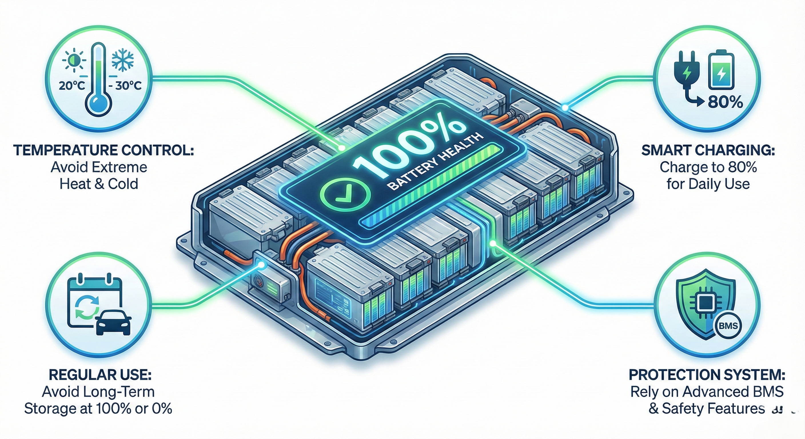 A cutaway illustration of an EV battery pack with a health meter showing 100%, surrounded by icons representing best practices: a thermometer for temperature control, a charging plug at 80%, a calendar for regular use, and a shield for protection. Clean, modern infographic style with green and blue colors.