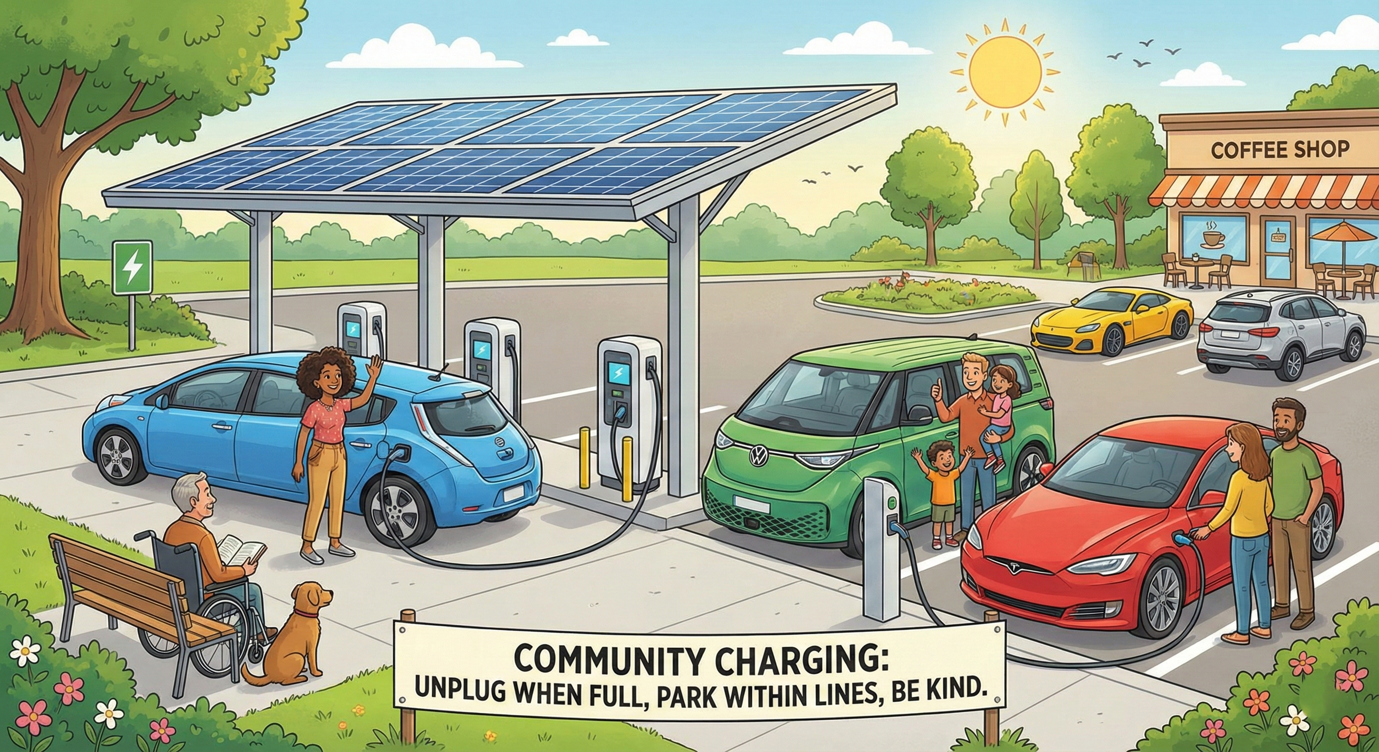 A friendly illustration showing multiple electric vehicles at a public charging station, with diverse people being courteous to each other. One person is unplugging their fully charged car, another is waiting patiently, and someone is properly parked within the lines. The scene should convey community, respect, and good behavior. Bright, welcoming illustration style.