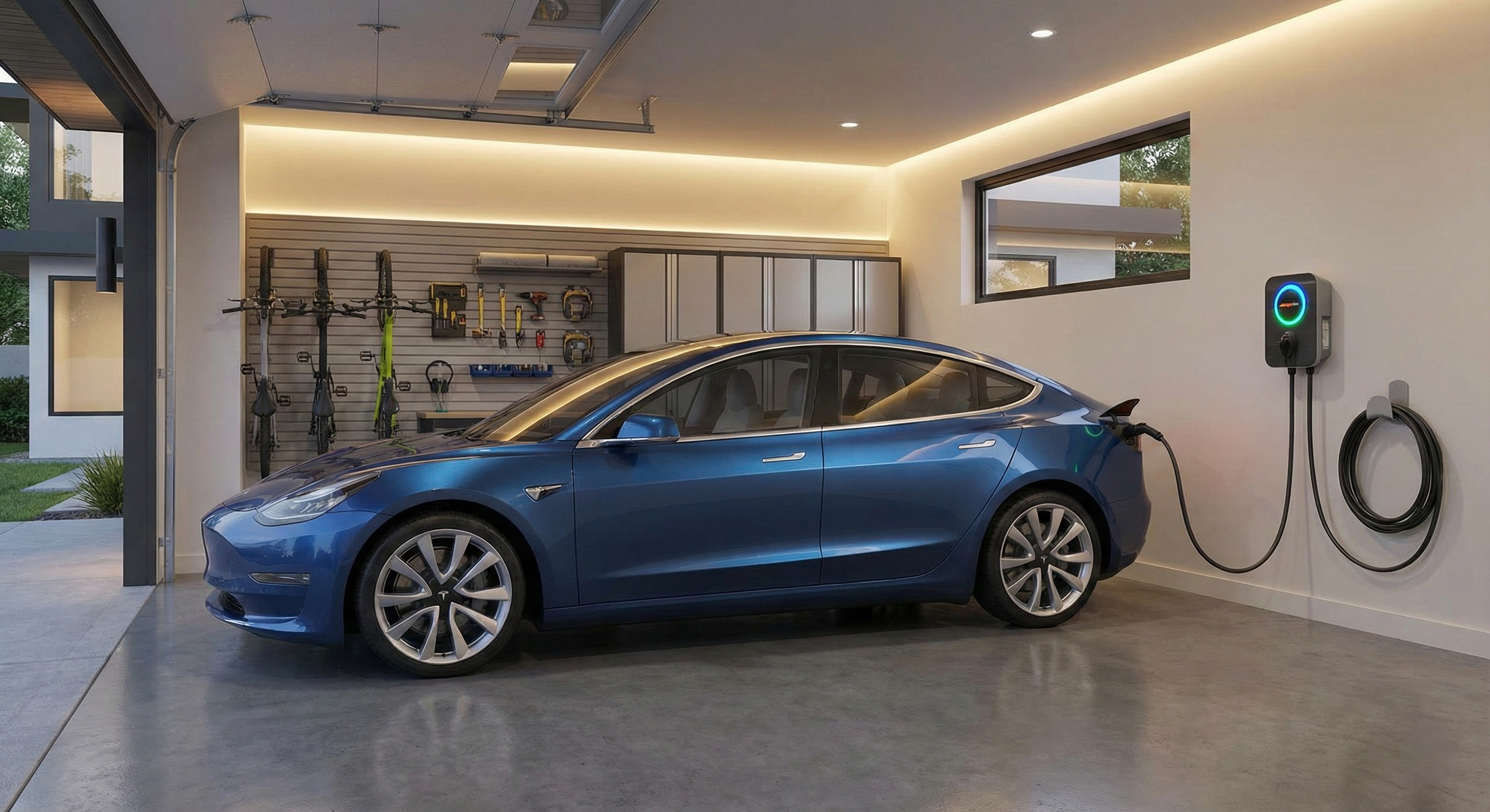 A modern home garage with an electric vehicle parked and plugged into a wall-mounted Level 2 charger. The charger should be sleek and modern, with a glowing LED indicator. Clean, well-lit garage with organized storage. Professional photography style showing the convenience of home charging