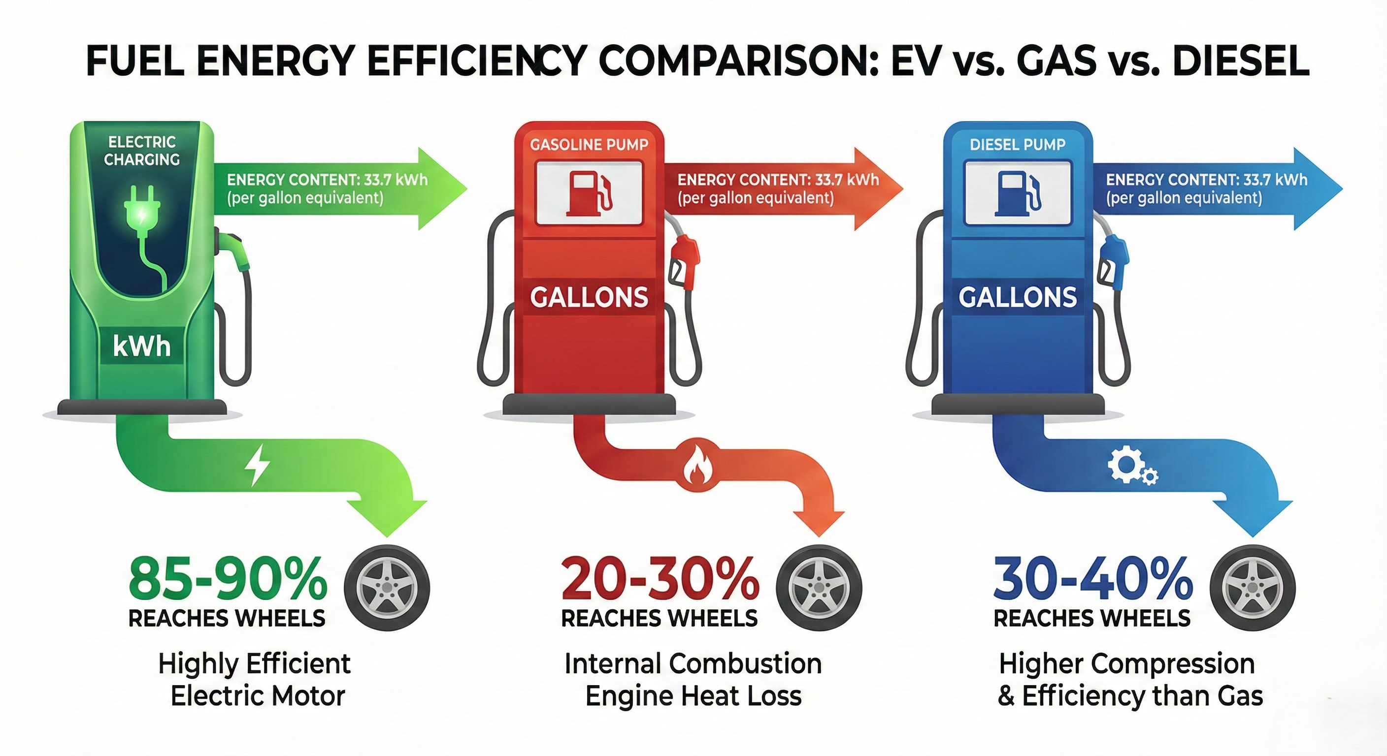 An infographic showing three fuel pumps side by side: an electric charging plug labeled "kWh", a gas pump labeled "Gallons", and a diesel pump labeled "Gallons". Above each, show the energy content (33.7 kWh per gallon equivalent) and efficiency arrows showing how much energy actually reaches the wheels (EV: 85-90%, Gas: 20-30%, Diesel: 30-40%). Modern, clean design with green for EV.