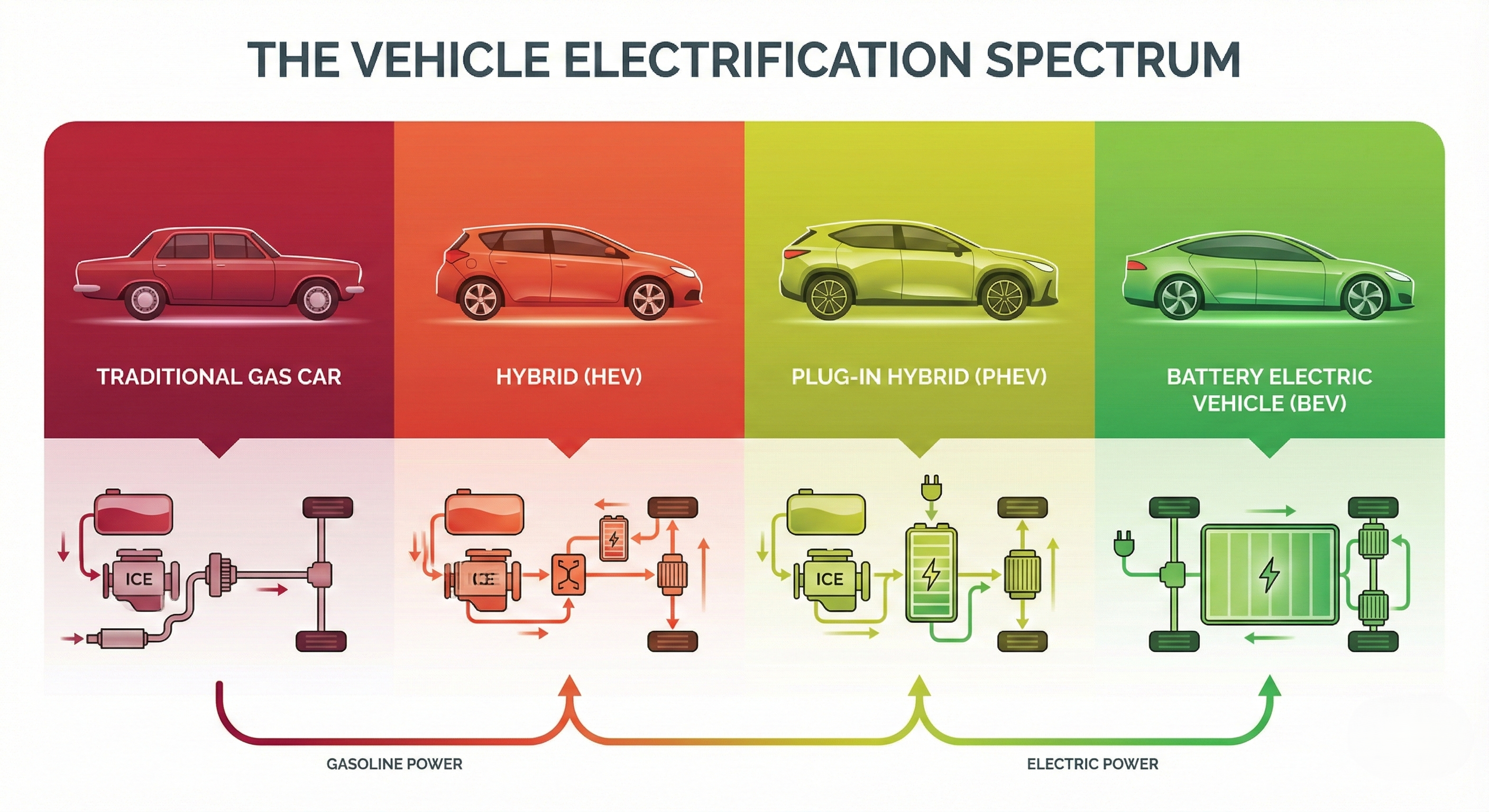 An infographic showing four vehicles in a row representing the electrification spectrum: traditional gas car, hybrid, plug-in hybrid (PHEV), and battery electric vehicle (BEV). Show their powertrains below each with simple diagrams. Use a gradient from red (gas) to green (electric). Clean, modern design.